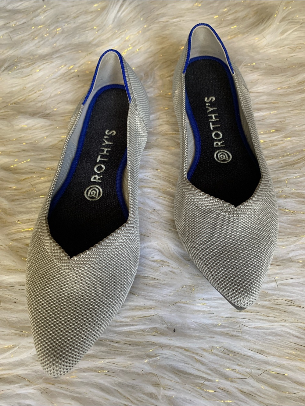 Rothy's Silver Pointed Knit Flats with Royal Blue Trim